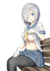 Rule 34 | 10s, 1girl, bad id, bad pixiv id, black pantyhose, blue eyes, blush, breasts, cleavage, commentary request, daijoubu? oppai momu?, eyes visible through hair, gloves, hair ornament, hair over one eye, hairclip, hamakaze (kancolle), highres, kantai collection, koromo take, large breasts, looking at viewer, navel, neckerchief, no bra, open mouth, panties, panties under pantyhose, pantyhose, pleated skirt, school uniform, serafuku, short hair, short sleeves, silver hair, simple background, sitting, skirt, solo, underboob, underwear, white background, white gloves, yellow neckerchief