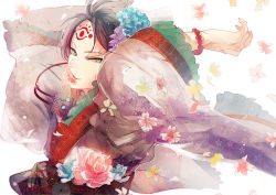 Rule 34 | 10s, 1boy, arms up, black hair, bracelet, chinese clothes, facial mark, floral print, flower, flower in mouth, hair flower, hair ornament, hakutaku (hoozuki no reitetsu), hanfu, hoozuki no reitetsu, ihiro, jewelry, long sleeves, looking at viewer, male focus, mouth hold, upper body, wide sleeves, wind, yellow eyes