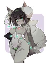Rule 34 | 1girl, absurdres, animal ear fluff, animal ears, black hair, body fur, breasts, commentary, english commentary, furry, furry female, green eyes, grey fur, hand on own hip, highres, medium breasts, navel, nipples, original, parted lips, short hair, slugbox, smile, solo, tail, thick eyebrows, topless