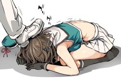 Rule 34 | 1boy, 1girl, admiral (kancolle), all fours, asanagi, breast hold, breast press, breasts, brown hair, commentary request, crop top, hair ornament, hat, unworn hat, hat ribbon, unworn headwear, kantai collection, maya (kancolle), miniskirt, pleated skirt, remodel (kantai collection), ribbon, shadow, short hair, simple background, skirt, stepped on, trembling, white skirt