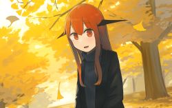 Rule 34 | 1girl, :d, alternate costume, autumn, autumn leaves, bat wings, blush, dutch angle, ginkgo leaf, head wings, highres, hinami047, jacket, koakuma, leaf, long hair, long sleeves, looking at viewer, open mouth, outdoors, red eyes, red hair, sidelocks, smile, solo, sweater, touhou, tree, turtleneck, turtleneck sweater, upper body, wings