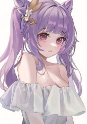 Rule 34 | 1girl, bare shoulders, breasts, cleavage, double bun, frilled shirt collar, frills, genshin impact, hair between eyes, hair bun, hair ears, hair ornament, hairpin, highres, keqing (genshin impact), light blush, long hair, long sleeves, looking at viewer, medium breasts, myless, off-shoulder shirt, off shoulder, open mouth, purple eyes, purple hair, shirt, sleeveless, solo, twintails, very long hair, white background
