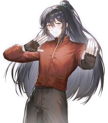 Rule 34 | 1boy, black gloves, black hair, black pants, bonno sasu, chinese clothes, fingerless gloves, gloves, high ponytail, highres, hong lu (project moon), jacket, long hair, long sleeves, looking at viewer, mandarin collar, pants, project moon, red jacket, simple background, smile, solo, very long hair, white background