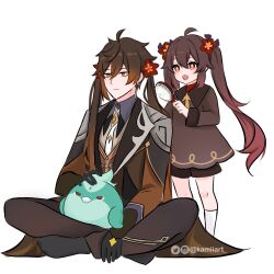 Rule 34 | 1boy, 1girl, age difference, aged down, alternate hairstyle, bird, bow, bowtie, brown hair, closed mouth, ear piercing, earrings, flower, flower hairband, genshin impact, hair brush, highres, hu tao (genshin impact), indian style, instagram logo, instagram username, jewelry, kamiiart, open mouth, piercing, red eyes, sitting, twintails, twitter logo, twitter username, xiao (bird) (genshin impact), xiao (genshin impact), yellow eyes, zhongli (genshin impact)