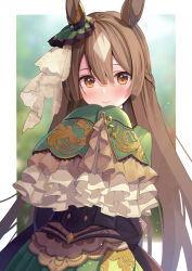 Rule 34 | 1girl, animal ears, atori, blurry, blurry background, blush, brown eyes, brown hair, closed mouth, commentary request, depth of field, green jacket, green skirt, highres, horse ears, horse girl, horse tail, jacket, long hair, long sleeves, looking at viewer, multicolored hair, satono diamond (umamusume), skirt, sleeves past fingers, sleeves past wrists, smile, solo, tail, two-tone hair, umamusume, very long hair, white hair