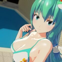 Rule 34 | 1girl, 3d, animated, bikini pull, breasts, cleavage, closed mouth, clothes pull, frog hair ornament, green eyes, green hair, hair ornament, indoors, jiggle, kochiya sanae, large breasts, long hair, looking at viewer, matching hair/eyes, mofumoko5, pool, seductive smile, smile, solo, tagme, teasing, touhou, upper body, video, water