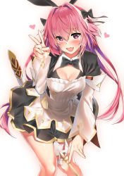 Rule 34 | 1girl, astolfo (fate), astolfo (saber) (fate), astolfo (saber) (third ascension) (fate), between legs, black bow, black bowtie, black dress, black ribbon, blush, bow, bowtie, breasts, buttons, cleavage, cleavage cutout, clothing cutout, dress, fang, fate/grand order, fate (series), genderswap, genderswap (mtf), hair between eyes, hair bow, hair intakes, hair ribbon, heart, highres, juliet sleeves, kawai (purplrpouni), layered skirt, leaning forward, long hair, long sleeves, looking at viewer, low twintails, medium breasts, multicolored hair, open mouth, pink hair, puffy sleeves, purple eyes, ribbon, sheath, simple background, skirt, smile, solo, streaked hair, sword, thighs, twintails, v, weapon, white background, white hair, white skirt, wide sleeves, wing collar