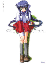 Rule 34 | 1990s (style), 1girl, absurdres, blue hair, brown footwear, copyright name, expressionless, full body, green eyes, grey socks, hair ribbon, hand on own knee, highres, kanon, kawasumi mai, kneehighs, loafers, logo, long hair, long sleeves, non-web source, official art, poster (medium), retro artstyle, ribbon, scan, shoes, sitting, socks, solo