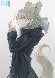 Rule 34 | 1girl, absurdres, ahoge, animal ear fluff, animal ears, black coat, brown eyes, coat, cold, earrings, extra ears, grey scarf, hands up, highres, hood, hood down, jewelry, light brown hair, medium hair, original, profile, scarf, signature, simple background, snow, solo, sumishi (sumisi 3), tail, tail raised, upper body