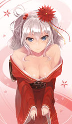Rule 34 | 10s, 1girl, bare shoulders, blue eyes, breasts, cleavage, flower, hair flower, hair ornament, highres, inushi, japanese clothes, kantai collection, kashima (kancolle), kimono, large breasts, leaning forward, long hair, looking at viewer, off shoulder, silver hair, smile, solo, tsurime, twintails, wavy hair