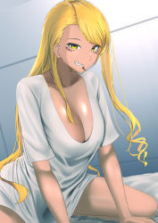 Rule 34 | 1girl, absurdres, blonde hair, borrowed clothes, breasts, chin piercing, cleavage, collarbone, commentary request, dark-skinned female, dark skin, dragon girl, fate/grand order, fate (series), grin, hako kurama, highres, indoors, kneeling, large breasts, long hair, looking at viewer, naked shirt, on bed, sharp teeth, shirt, smile, solo, t-shirt, tan, teeth, very long hair, vritra (fate), white shirt, yellow eyes