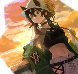 Rule 34 | 1girl, absurdres, animal ears, arknights, backlighting, bare shoulders, belt, belt buckle, black choker, blush, breasts, brown hair, buckle, choker, closed mouth, coat, commentary request, crop top, ears through headwear, evening, green coat, green eyes, green hair, hair between eyes, hair ornament, highres, horse ears, kobarisusuz, long hair, long sleeves, looking away, looking to the side, medium breasts, meteor (arknights), meteor (bard&#039;s holiday) (arknights), multicolored hair, navel, off shoulder, official alternate costume, open clothes, open coat, orange sky, outdoors, pants, short ponytail, sidelocks, sky, smile, solo, star (symbol), star hair ornament, stomach, sunlight, sunset, twitter username, two-tone hair, white headwear, white pants