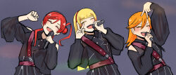 Rule 34 | 3girls, belt, black jacket, blonde hair, blunt bangs, catchu! (love live!), clenched hand, closed eyes, coco apollon, commentary request, distortion (love live!), hair between eyes, hair bun, hairband, hand up, heanna sumire, holding, holding microphone, jacket, leaning to the side, long hair, long sleeves, love live!, love live! superstar!!, medium hair, microphone, multiple girls, music, open mouth, orange hair, purple background, red belt, red hair, red hairband, shibuya kanon, singing, single side bun, upper body, v, v-shaped eyebrows, yoneme mei