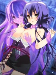 Rule 34 | 1girl, blush, grabbing another&#039;s breast, breasts, breasts out, brown eyes, female focus, grabbing, large breasts, long hair, looking at viewer, majika majika, nipples, open mouth, purple hair, refeia, skirt, slime, smile, solo, tsukushi mizuho