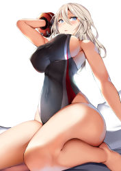 Rule 34 | 1girl, alisa ilinichina amiella, arm behind head, bare shoulders, belko, black one-piece swimsuit, blue eyes, blush, breasts, covered navel, cuffs, god eater, god eater 2: rage burst, hair between eyes, highres, large breasts, long hair, looking at viewer, one-piece swimsuit, open mouth, parted lips, sideboob, silver hair, simple background, sitting, solo, swimsuit, thighs, wariza, white background