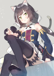 Rule 34 | 1girl, animal ear fluff, animal ears, black hair, black thighhighs, bridal garter, cat ears, cat girl, cat tail, closed mouth, detached sleeves, fingernails, green eyes, grey background, karyl (princess connect!), long hair, looking at viewer, low twintails, multicolored hair, princess connect!, sitting, soles, solo, streaked hair, subachi, tail, thighhighs, twintails, white hair