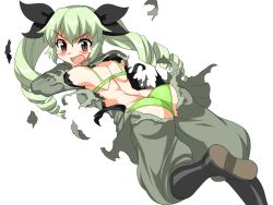 Rule 34 | 10s, 1girl, anchovy (girls und panzer), ass, bad id, bad pixiv id, black footwear, blush, bra, breasts, drill hair, exploding clothes, girls und panzer, green bra, green hair, green panties, long hair, lying, medium breasts, military, military uniform, mono (moiky), on back, on stomach, open mouth, panties, red eyes, solo, tears, thighs, tongue, transparent background, twin drills, twintails, underwear, uniform