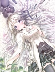 Rule 34 | 1girl, absurdres, black thighhighs, blurry, cross, depth of field, face, feathers, garter straps, highres, kasugano sora, long hair, lying, on back, silver hair, smile, solo, stuffed animal, stuffed rabbit, stuffed toy, thighhighs, wingheart, yosuga no sora