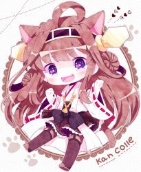 Rule 34 | 1girl, :d, ahoge, animal ears, bad id, bad pixiv id, black bow, black footwear, black skirt, blush, boots, bow, cat ears, cat tail, chibi, copyright name, detached sleeves, fang, full body, hair bun, hairband, haru431, heart, heart in eye, highres, kantai collection, kemonomimi mode, kongou (kancolle), long hair, looking at viewer, nontraditional miko, open mouth, paw pose, paw print, purple eyes, ribbon-trimmed sleeves, ribbon trim, side bun, single side bun, skirt, smile, solo, sparkling eyes, symbol in eye, tail, tassel, thigh boots, thighhighs, v-shaped eyebrows