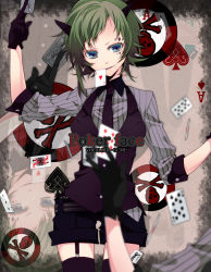 Rule 34 | 1girl, ace (playing card), bad id, bad pixiv id, blue eyes, card, facepaint, floating card, formal, garter straps, gloves, green hair, gumi, highres, holding, holding card, horns, manyako (mohumohu), mouth hold, necktie, playing card, poker face (vocaloid), short hair, shorts, smile, solo, suit, thighhighs, vocaloid