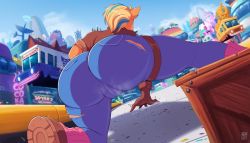 Rule 34 | 1girl, andro juniarto, ass, blonde hair, blue hair, boots, cameltoe, city, cityscape, crash bandicoot (series), crate, denim, fat mons, from behind, from below, gloves, highres, huge ass, jacket, jeans, leg up, mohawk, multicolored hair, pants, solo, spread legs, squatting, steam, tawna bandicoot, torn clothes