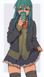 Rule 34 | 1girl, aqua eyes, aqua hair, black jacket, black skirt, blazer, bow, bowtie, brown thighhighs, cellphone, commentary request, frilled skirt, frills, hair between eyes, hair ornament, hairclip, highres, holding, holding phone, jacket, kantai collection, long hair, long sleeves, looking at viewer, open clothes, open jacket, orange bow, orange bowtie, phone, pleated skirt, simple background, skirt, smartphone, solo, sumoffu, suzuya (kancolle), thighhighs, two-tone background