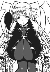 Rule 34 | 10s, 1girl, :t, bodysuit, breasts, claws, cleavage, fate/extra, fate/extra ccc, fate/grand order, fate (series), gigantic breasts, greyscale, komusou (jinrikisha), looking at viewer, monochrome, o-ring, o-ring top, pantyhose, passionlip (fate), simple background, solo, white background