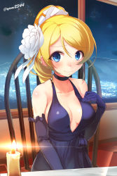 Rule 34 | 10s, 1girl, artist name, ayase eli, black dress, black gloves, blonde hair, blue eyes, blush, breasts, breasts apart, chair, choker, city, dress, elbow gloves, feather hair ornament, feathers, flower, formal, gloves, hair flower, hair ornament, highres, looking at viewer, love live!, love live! school idol festival, love live! school idol project, medium breasts, night, night sky, parted bangs, short hair, sitting, sky, smile, solo, table, yamacchi