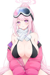Rule 34 | 1girl, absurdres, bare shoulders, bikini, black bikini, blue archive, blush, breasts, cleavage, closed mouth, commentary, eimi (blue archive), eimi (swimsuit) (blue archive), goggles, goggles on head, halo, highres, jacket, jacket partially removed, large breasts, long hair, looking at viewer, navel, official alternate costume, open clothes, open jacket, pink eyes, pink hair, pink halo, pink jacket, sana (sanamaru 0w0), scarf, simple background, sitting, ski goggles, smile, solo, spread legs, swimsuit, white background, white scarf