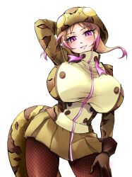 Rule 34 | 1girl, african rock python (kemono friends), animal print, blonde hair, blush stickers, breasts, chibi, cowboy shot, drawstring, gloves, grin, hand up, highres, hood, hood up, huge breasts, jacket, kemono friends, kemono friends 3, long hair, long sleeves, looking at viewer, microskirt, multicolored hair, outline, pantyhose, pink eyes, pink hair, pleated skirt, print jacket, skirt, slit pupils, smile, snake print, snake tail, solo, tail, tsurime, twintails, two-tone hair, wide hips, yokuko zaza