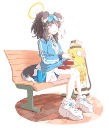Rule 34 | 1girl, animal ears, bench, bento, black hair, blue archive, blue eyes, blue jacket, bottle, breasts, chopsticks, cleavage, closed mouth, dog ears, dog girl, dog tail, eating, eyewear on head, full body, halo, hariyaa, hibiki (blue archive), hibiki (cheer squad) (blue archive), highres, holding, holding chopsticks, jacket, long sleeves, medium hair, miniskirt, mortar (weapon), motion lines, partially unzipped, ponytail, shoes, sitting, skirt, small breasts, sneakers, solo, sound effects, star sticker, sunglasses, tail, water bottle, white footwear, white skirt
