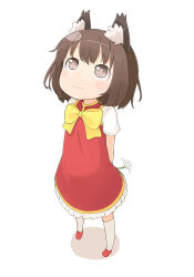 Rule 34 | 1girl, :|, animal ears, arms behind back, brown eyes, brown hair, cat ears, cat girl, chen, closed mouth, dress, female focus, flower, looking up, nakashino setsu, nervous, no headwear, no headwear, solo, touhou, wavy mouth, white background