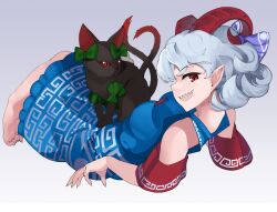 Rule 34 | 1girl, absurdres, barefoot, blue dress, blue ribbon, cat, commentary, curled horns, dress, full body, grey background, grey hair, highres, horn ornament, horn ribbon, horns, kaenbyou rin, kaenbyou rin (cat), looking at viewer, open mouth, pointy ears, qwas69, red eyes, red horns, red sleeves, ribbon, sharp teeth, short hair, smile, teeth, touhou, toutetsu yuuma, upper teeth only