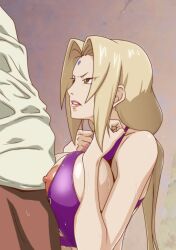 Rule 34 | 1girl, areola slip, blonde hair, bottomless, breast suppress, breasts, breasts squeezed together, brown eyes, censored, clenched teeth, facial mark, forehead mark, from side, hands up, highres, kyabakurabakufu, large breasts, legs, long hair, looking at another, mosaic censoring, naruto, naruto (series), nipple slip, nipples, paizuri, penis, simple background, standing, sweat, swimsuit, teeth, thighs, tsunade (naruto), twintails