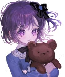 Rule 34 | 1girl, black bow, blue shirt, bow, crossed arms, hair bow, holding, holding stuffed toy, looking at viewer, medea solon, micha, purple eyes, purple hair, shirt, short hair, solo, stuffed animal, stuffed toy, teddy bear, upper body, aged down, your throne