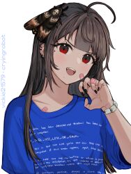 Rule 34 | 1girl, ahoge, animal, animal on head, artist name, bandaid, bandaid on cheek, bandaid on chest, bandaid on face, bandaid on hand, black nails, blue screen of death, blue shirt, bracelet, brown hair, bug, claw pose, commentary, death&#039;s head hawkmoth, english commentary, hand up, highres, insect, jewelry, long hair, looking at viewer, mole, mole under eye, moth, nail polish, on head, open mouth, original, red eyes, shirt, short sleeves, simple background, straight hair, t-shirt, upper body, vickie (cryingrobot), vickie (cryingrobot) (character), white background