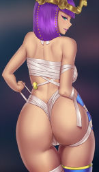 Rule 34 | 1girl, alternate costume, ass, back, bad id, bad pixiv id, bandaged leg, bandages, bare arms, bare shoulders, black background, breasts, closed mouth, cowboy shot, dark-skinned female, dark skin, egyptian, eyelashes, from behind, green eyes, half-closed eye, hand on own hip, highres, hip focus, huge ass, jewelry, long hair, looking back, medium breasts, menat, naked bandage, profile, purple lips, short hair, skindentation, solo, standing, street fighter, street fighter v, thigh gap, thighs, uneven eyes, vanquice, wide hips