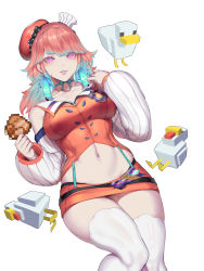 Rule 34 | 1girl, absurdres, aqua hair, breasts, chef hat, chicken (food), chicken leg, detached sleeves, earrings, feather earrings, feathers, fried chicken, gradient hair, hat, highres, hololive, hololive english, holomyth, jewelry, kumiko shiba, large breasts, lips, long hair, looking at viewer, multicolored hair, navel, orange hair, orange hat, orange vest, parted lips, purple eyes, skirt, smile, solo, takanashi kiara, takanashi kiara (1st costume), thighhighs, vest, virtual youtuber, white thighhighs