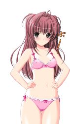Rule 34 | 00s, 1girl, anejiru, atelier kaguya, blush, bow, bow bra, bow panties, bra, breasts, cameltoe, choco chip, flat chest, game cg, hands on own hips, highres, lace, lace-trimmed bra, lace-trimmed panties, lace trim, lingerie, long hair, panties, pink bra, pink panties, red hair, ribbon, scan, shirakawa anzu, simple background, small breasts, solo, standing, tachi-e, thigh gap, thighs, underwear, underwear only, white background