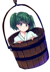 Rule 34 | 1girl, bad id, bad twitter id, bucket, green eyes, green hair, hair bobbles, hair ornament, in bucket, in container, kisume, matching hair/eyes, short hair, simple background, solo, touhou, twintails, uranaishi (miraura)