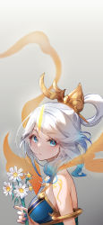 Rule 34 | 1girl, armlet, bare shoulders, blonde hair, blue eyes, blue hair, breasts, chibi vanille, closed mouth, commentary, english commentary, eyelashes, flower, gold trim, gradient background, grey background, hair ornament, highres, holding, holding flower, league of legends, light particles, lips, looking at viewer, lux (league of legends), medium breasts, multicolored hair, nail polish, parted bangs, purple nails, sash, shadow, sideboob, simple background, solo, streaked hair, upper body, white hair