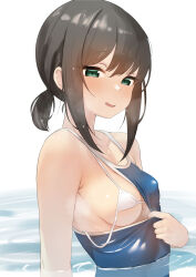 Rule 34 | 1girl, armpit crease, bikini, blue one-piece swimsuit, blush, breasts, brown hair, clothing aside, covered erect nipples, dot nose, from side, fubuki (kancolle), green eyes, hair between eyes, highres, kantai collection, looking at viewer, low ponytail, medium breasts, micro bikini, one-piece swimsuit, one breast out, parted lips, partially submerged, ponytail, portrait, pulled by self, sakieko, short ponytail, sidelocks, simple background, solo, steam, swimsuit, swimsuit aside, upper body, water, wet, wet hair, white background, white bikini