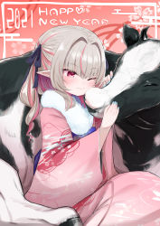 Rule 34 | 1girl, 2021, absurdres, animal, black ribbon, blunt bangs, brown hair, bull, chinese zodiac, closed mouth, commentary request, hair ribbon, happy new year, highres, japanese clothes, kimono, long hair, long sleeves, makaino ririmu, multicolored hair, new year, nijisanji, one eye closed, pink hair, pink kimono, pointy ears, ribbon, sitting, solo, two-tone hair, utsusumi kio, virtual youtuber, wide sleeves, year of the ox