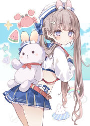 Rule 34 | 1girl, :/, animal bag, animal ear fluff, animal ears, blue bow, blue sailor collar, blue skirt, blush, bow, closed mouth, commentary, cowboy shot, crab, crop top, fish bone, from behind, hair bow, hair ornament, hat, highleg, highleg panties, highres, leaning forward, light brown hair, long hair, long sleeves, looking at viewer, miniskirt, original, panties, pleated skirt, puffy long sleeves, puffy sleeves, purple eyes, rabbit bag, rabbit ears, rabbit girl, rainbow, sailor collar, sailor hat, signature, skirt, solo, star (symbol), symbol-only commentary, toma tokage, turning head, twintails, underwear, very long hair, white hat