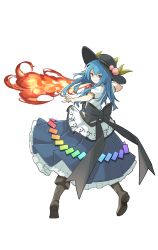 Rule 34 | 1girl, absurdres, back bow, black bow, black footwear, black hat, blue eyes, blue skirt, boots, bow, bowtie, flaming sword, flaming weapon, food, fruit, hat, hat ornament, highres, hinanawi tenshi, kaibiubiubiu (rkvc7325), knee boots, long hair, looking at viewer, looking back, peach, red eyes, shirt, simple background, skirt, smile, solo, sword of hisou, touhou, transparent background, white background, white shirt