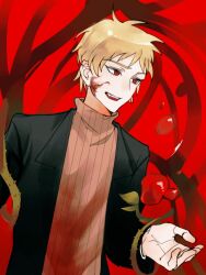 Rule 34 | 1boy, atou haruki, black jacket, blonde hair, blood, blood on clothes, blood on face, brown sweater, chinese commentary, commentary request, fang, hand up, highres, jacket, long sleeves, male focus, open clothes, open jacket, open mouth, qingherekeke, red eyes, ribbed sweater, saibou shinkyoku, short hair, smile, solo, sweater, thorns, turtleneck, turtleneck sweater, upper body