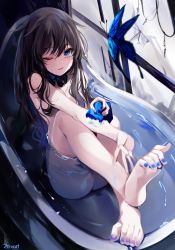Rule 34 | 1girl, absurdres, artist name, ass, bathing, bathtub, black hair, blue eyes, blue nails, blurry, bug, butterfly, collar, expressionless, feet, highres, holding, huge filesize, insect, legs up, long hair, looking at viewer, nail polish, nude, one eye closed, original, solo, toenail polish, toenails, water, wet, zerocat