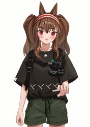 Rule 34 | 1girl, absurdres, alternate costume, angelina (arknights), animal ears, arknights, backpack, bag, black shirt, blush, breasts, brown hair, casual, commentary, cowboy shot, d.d.d. (arknights), fang, fox ears, green shorts, hair between eyes, hairband, highres, long hair, looking at viewer, open mouth, red eyes, reesen, shirt, shirt tucked in, short shorts, short sleeves, shorts, simple background, skin fang, small breasts, solo, t-shirt, twintails, white background