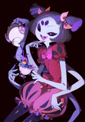 Rule 34 | 1girl, :d, androgynous, arthropod girl, black eyes, black hair, blue skin, brown hair, closed eyes, colored skin, cowboy shot, cup, extra arms, extra eyes, fangs, frisk (undertale), hair ribbon, in container, in cup, insect girl, maruco, muffet, one eye closed, open mouth, pantyhose, pouring, puffy pants, puffy short sleeves, puffy sleeves, purple background, ribbon, shirt, short sleeves, short twintails, simple background, smile, spider girl, striped clothes, striped shirt, teacup, teapot, twintails, two side up, undertale