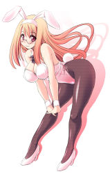 Rule 34 | 1girl, animal ears, bare shoulders, blush, breasts, cleavage, detached collar, fake animal ears, fishnets, glasses, high heels, large breasts, leaning forward, leotard, long hair, looking at viewer, original, pantyhose, playboy bunny, rabbit ears, rabbit tail, red eyes, simple background, smile, solo, tail, tonpuu, white background, wrist cuffs